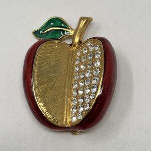 Apple Pin Brooch Pave Set Rhinestones Crystals Enamel Red Delicious Teacher Gift